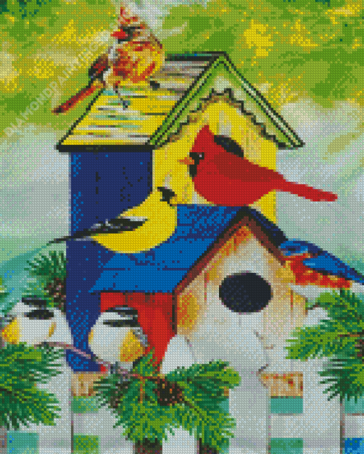 House And Colorful Birds On A Fence Diamond Painting