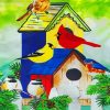 House And Colorful Birds On A Fence Diamond Painting