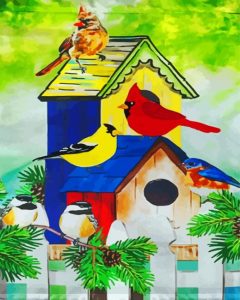 House And Colorful Birds On A Fence Diamond Painting