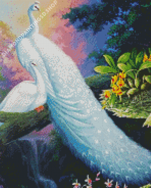 White Peacocks Birds Diamond Painting