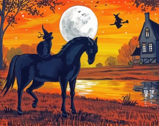 Halloween Cat And Horse Art Diamond Painting