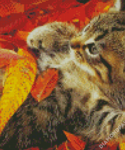 Adorable Cat And Leaves Diamond Painting
