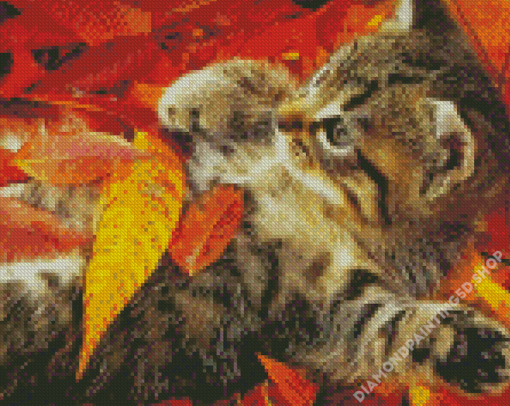 Adorable Cat And Leaves Diamond Painting