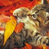 Adorable Cat And Leaves Diamond Painting