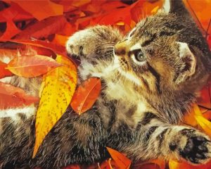 Adorable Cat And Leaves Diamond Painting