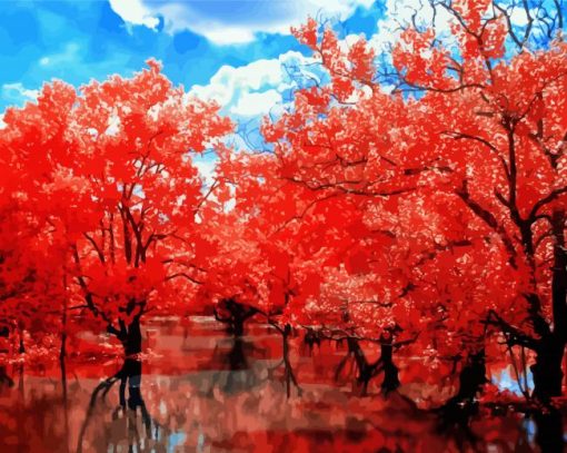 Fall Cherry Blossom Water Reflection Diamond Painting