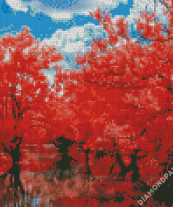 Fall Cherry Blossom Water Reflection Diamond Painting