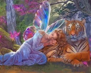 Sleeping Fairy And Tiger Diamond Painting