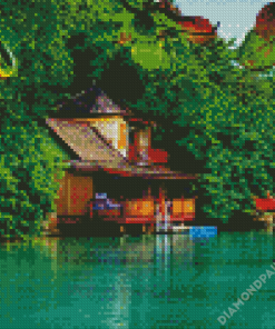 Aesthetic House By A Lake Illustration Diamond Painting