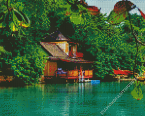 Aesthetic House By A Lake Illustration Diamond Painting