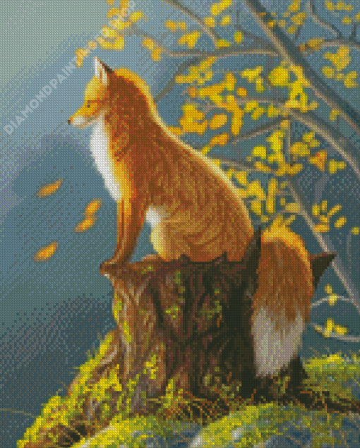 Aesthetic Fox On Tree Stump Diamond Painting