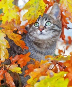 Cute Cat And Leaves Diamond Painting