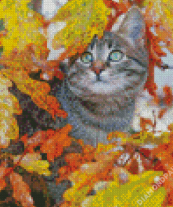 Cute Cat And Leaves Diamond Painting