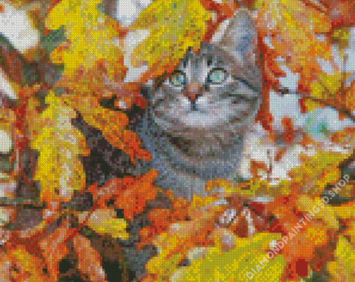 Cute Cat And Leaves Diamond Painting