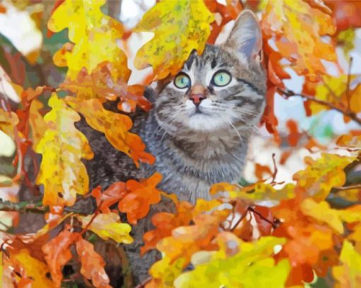 Cute Cat And Leaves Diamond Painting