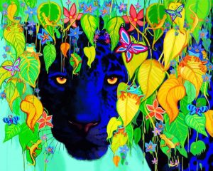 Black Jaguar In Colorful Leaves Diamond Painting