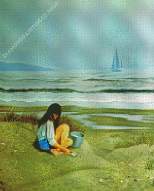 Lonely Woman Sitting On Beach Diamond Painting