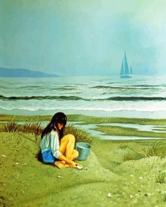 Lonely Woman Sitting On Beach Diamond Painting