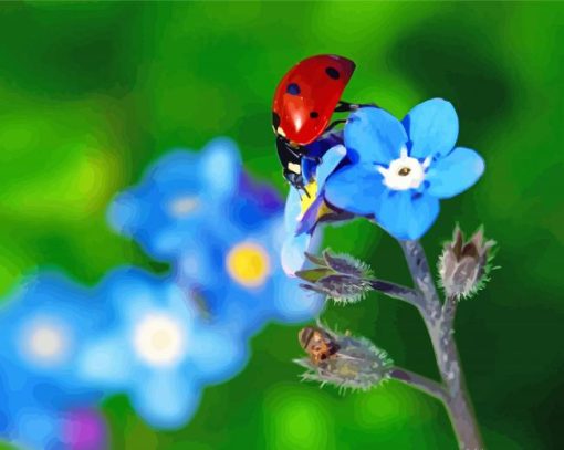 Ladybug On Forget me Nots Flower Diamond Painting