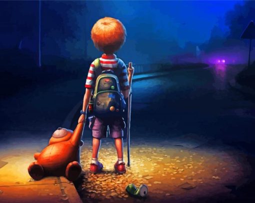 Lonely Boy Wearing Backpack Diamond Painting