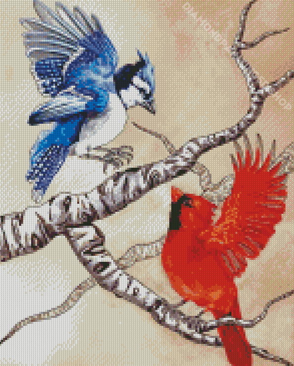 Cardinal And Blue Jay Birds On Branch - 5D Diamond Painting