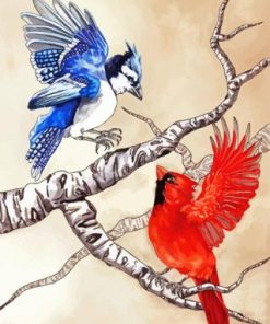Cardinal And Blue Jay Birds On Branch Diamond Painting