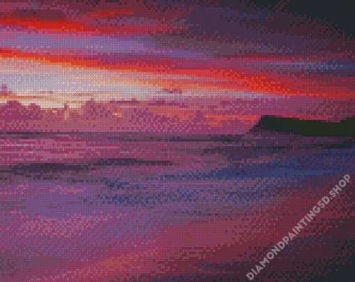 Pink Sunset With Mountain An Waves Diamond Painting