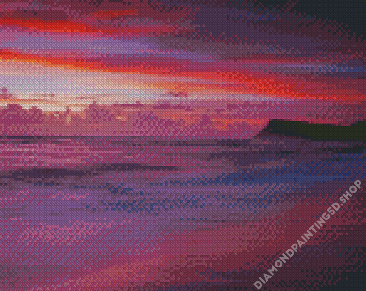 Pink Sunset With Mountain And Waves Diamond Painting 