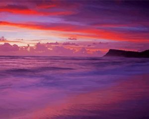 Pink Sunset With Mountain An Waves Diamond Painting