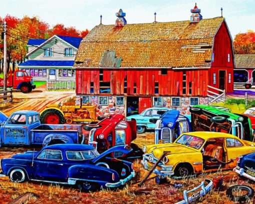 Rusty Old Cars In Yard Diamond Painting