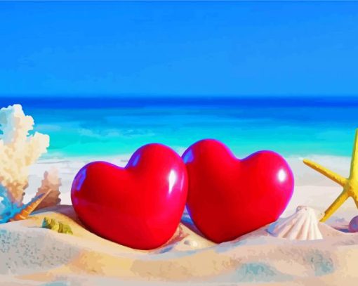 Aesthetic Beach With Hearts In Sand Diamond Painting