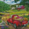 Red Truck With Flowers Art Diamond Painting