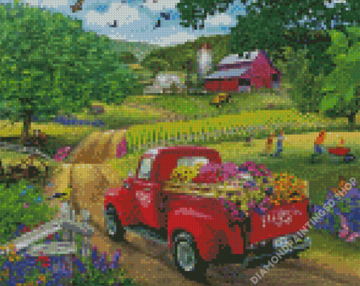 Red Truck With Flowers Art Diamond Painting