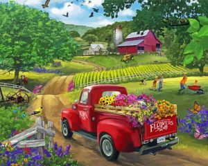 Red Truck With Flowers Art Diamond Painting