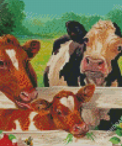 Cows By Fence Diamond Paintings