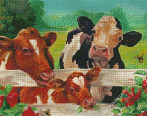 Cows By Fence Diamond Paintings