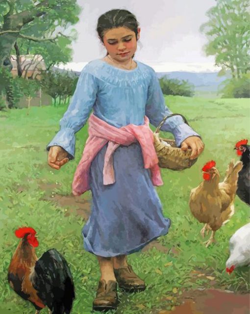 Girl Feeding Chickens Diamond Painting