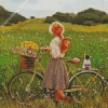 Girl With Bike In Field Diamond Painting