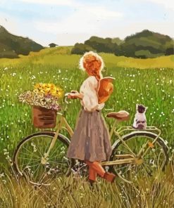 Girl With Bike In Field Diamond Painting