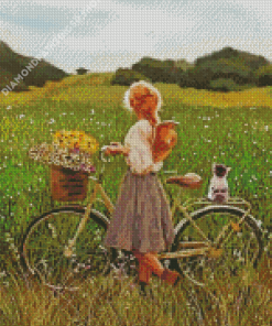 Girl With Bike In Field Diamond Painting