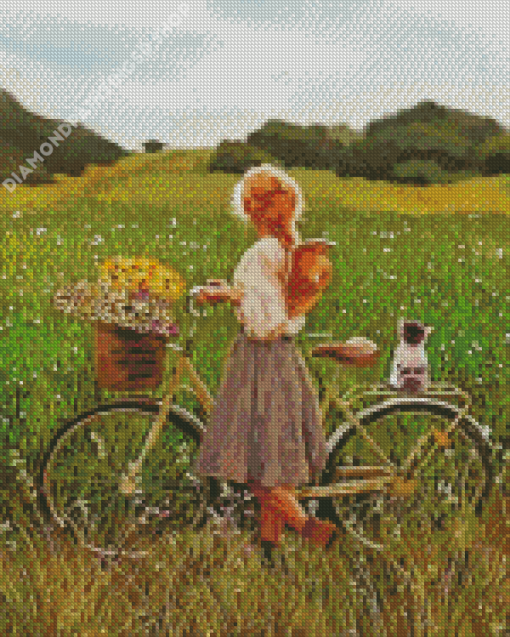 Girl With Bike In Field Diamond Painting