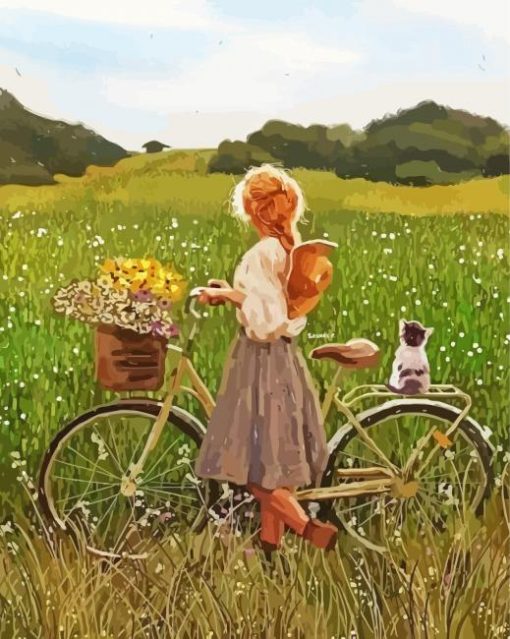 Girl With Bike In Field Diamond Painting