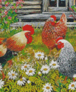 Roosters Flowers Diamond Painting