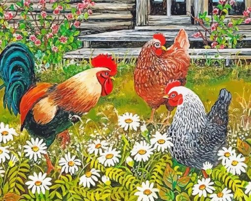 Roosters Flowers Diamond Painting