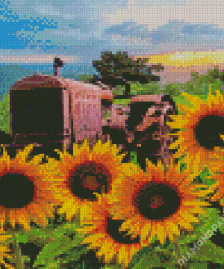 Rusty Tractor With Sunflowers Diamond Paintings