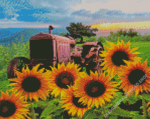 Rusty Tractor With Sunflowers Diamond Paintings