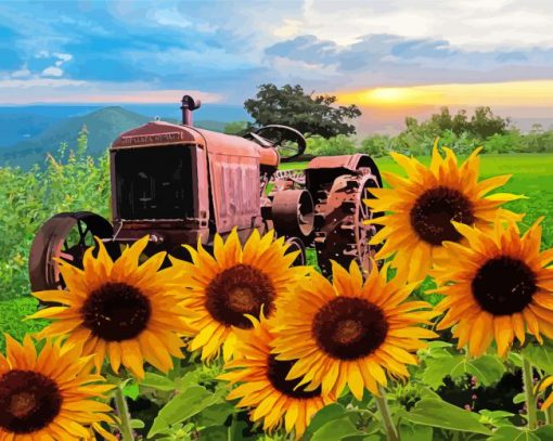 Rusty Tractor With Sunflowers Diamond Painting