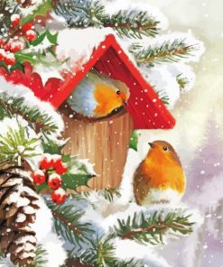 Snow Christmas Robin Birds House Diamond Painting