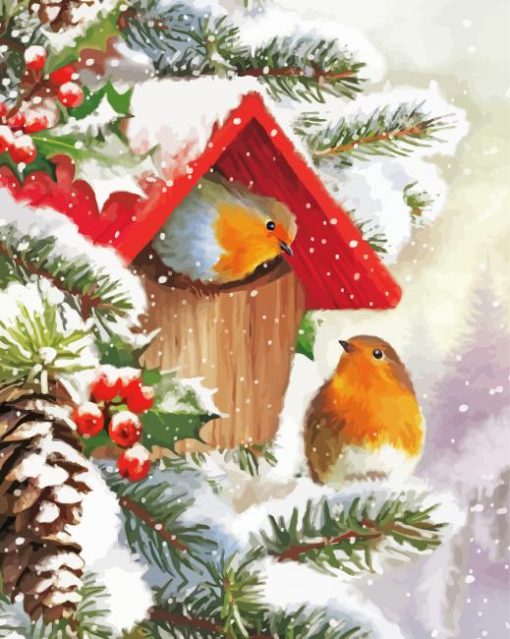 Snow Christmas Robin Birds House Diamond Painting