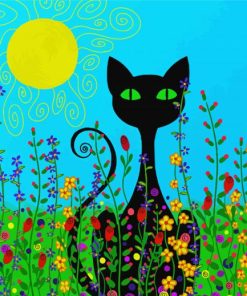 Black Cat With Flowers Art Diamond Painting